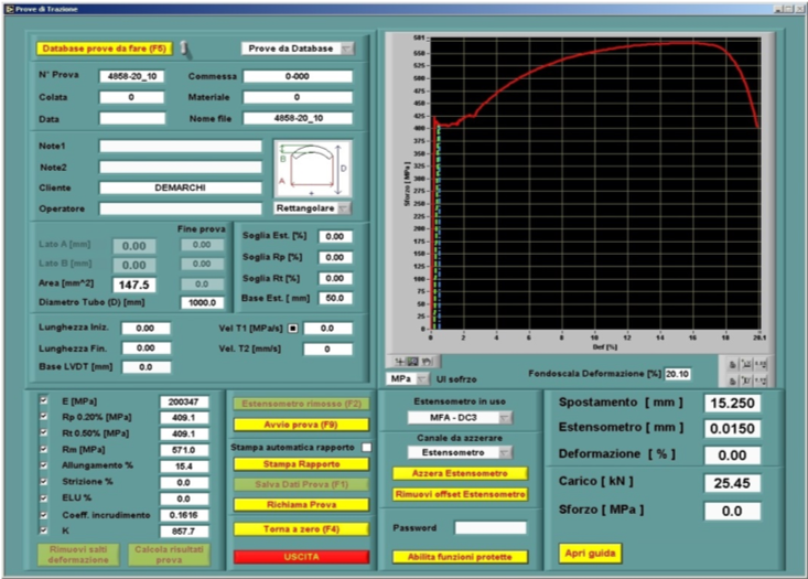Schermata del software di controllo RT3 realizzato da Trio Sistemi e Misure